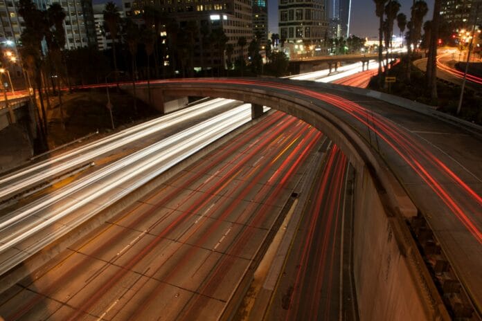 Time lapse photo of a Los Angeles freeway at night