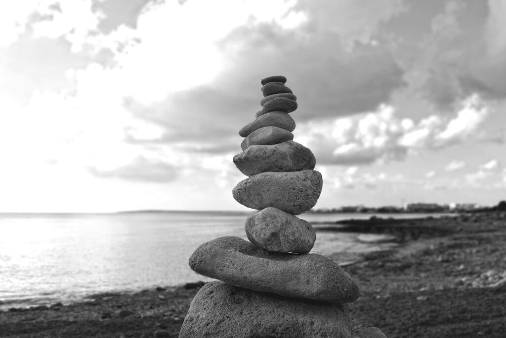 stones, beach, balance, zen, sea, nature, monochrome, black and white