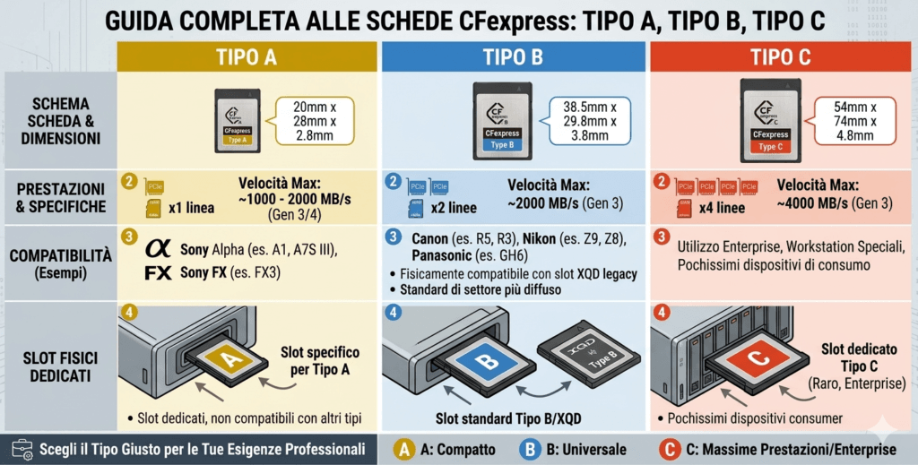 CFexpress Type A/B/C — differenze, compatibilità, slot dedicati 4 CFexpress Type A/B/C — differenze, compatibilità, slot dedicati