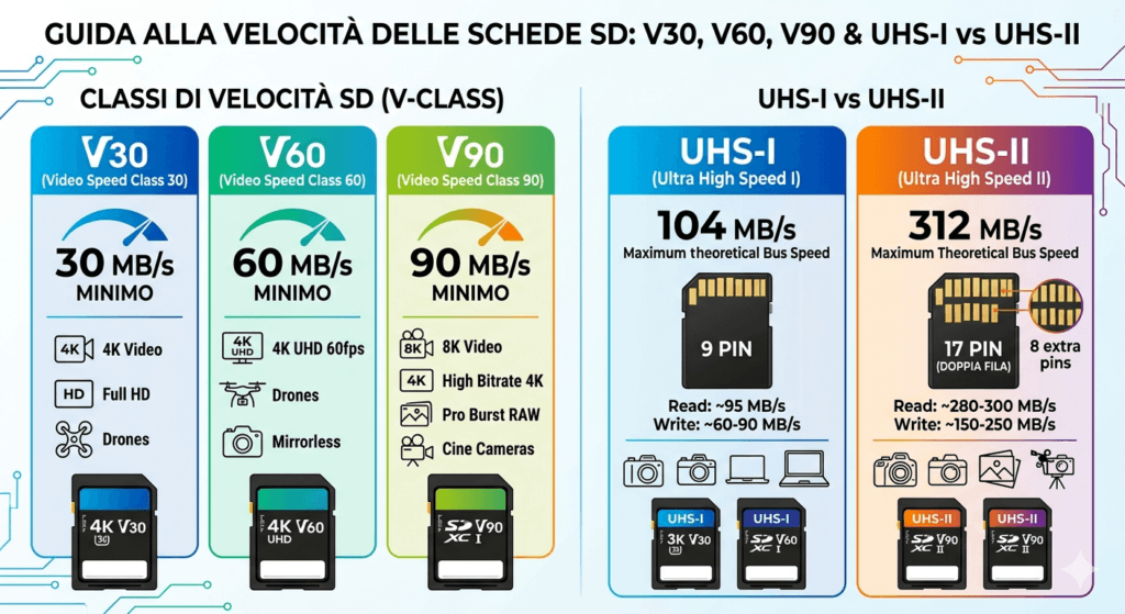 Classi velocità SD — V30/V60/V90, UHS-I vs UHS-II 2 classi velocità SD