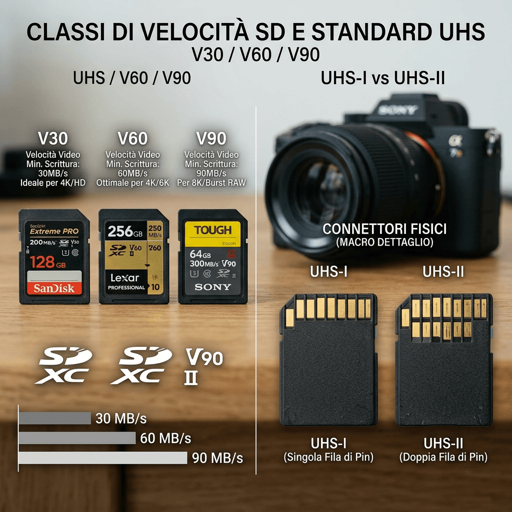 Classi velocità SD — V30/V60/V90, UHS-I vs UHS-II 3 classi velocità SD